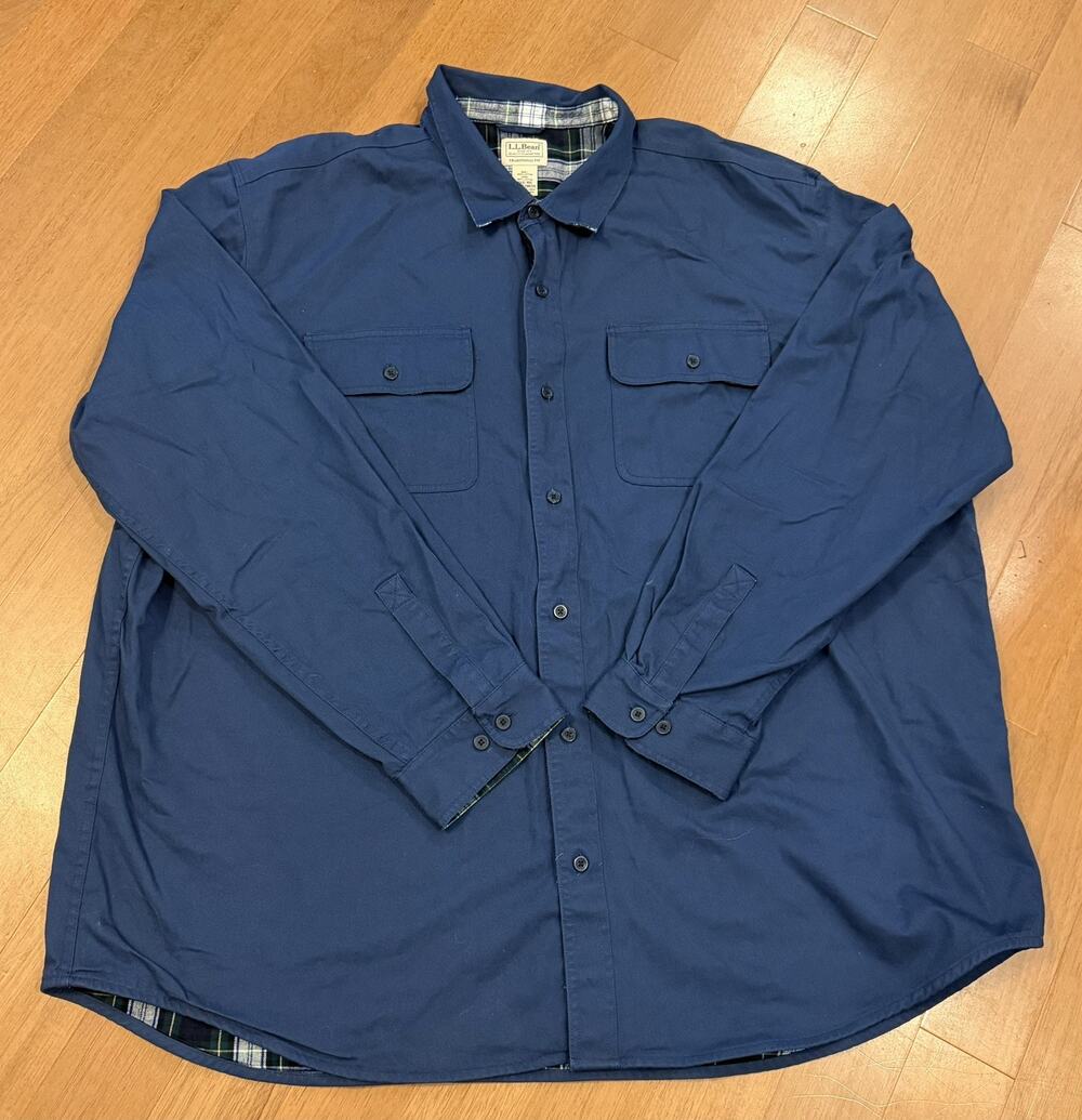 LL Bean Hurricane Shirt Jacket Mens 3XL Blue Twill Plaid Flannel Lined Cotton